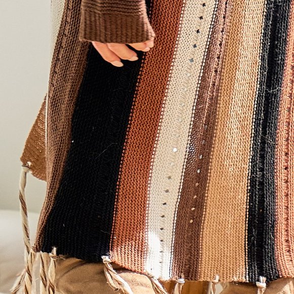 NEW ON BLUE bohemian western duster cardigan sweater stripe SM-XL Choco fringe - Picture 3 of 6